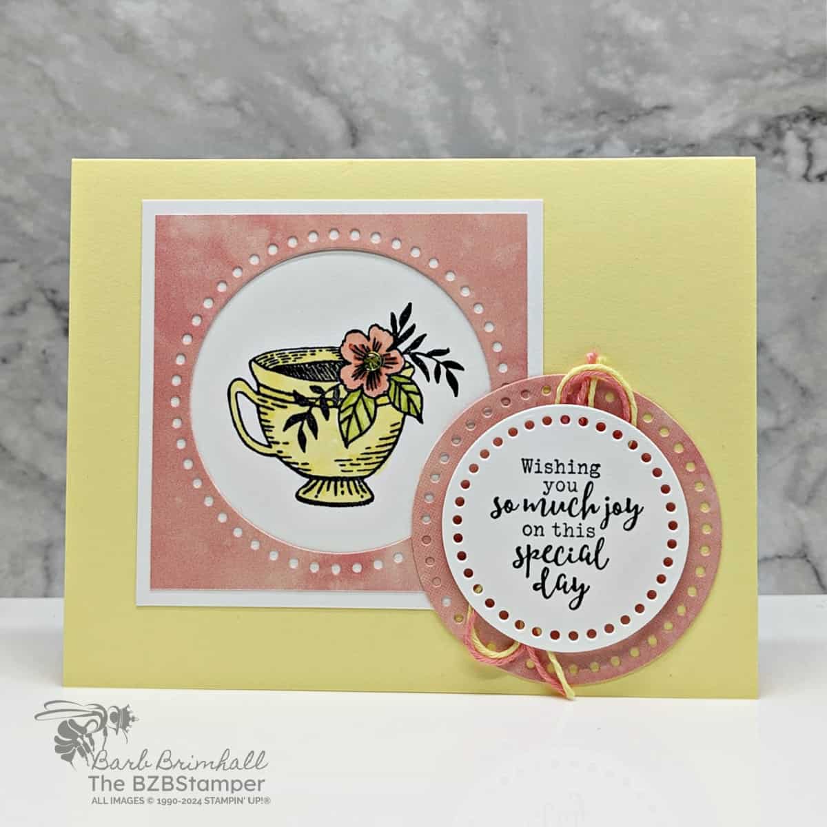 Everyday Details Bundle by Stampin Up featuring pretty paper in corals and yellow and a teacup with a flower in it and an all-occasion sentiment.