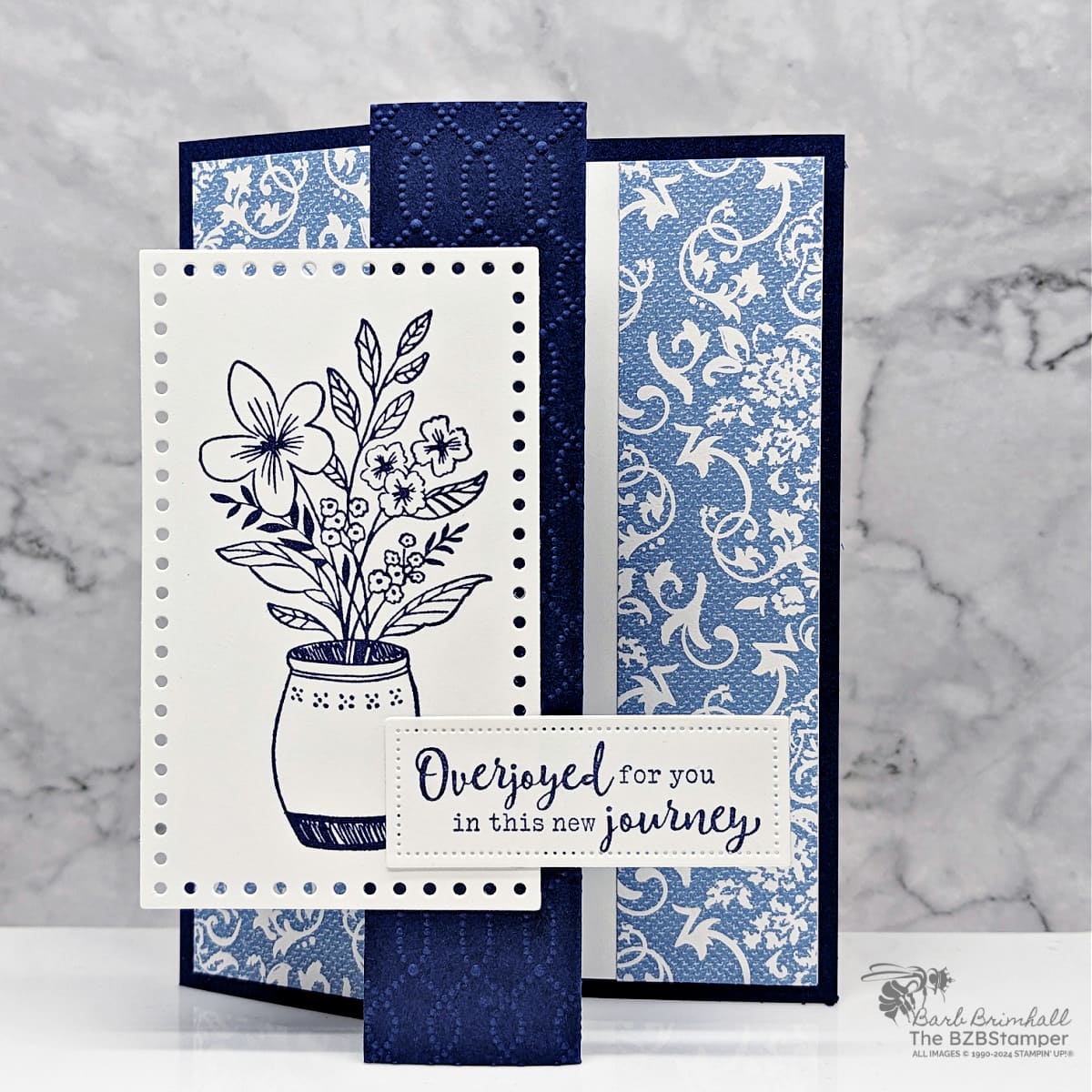 Everyday Details Fun Fold Card in a monochromatic navy blue color scheme.   The focal image is a vase with flowers and a generic all-occasion sentiment.
