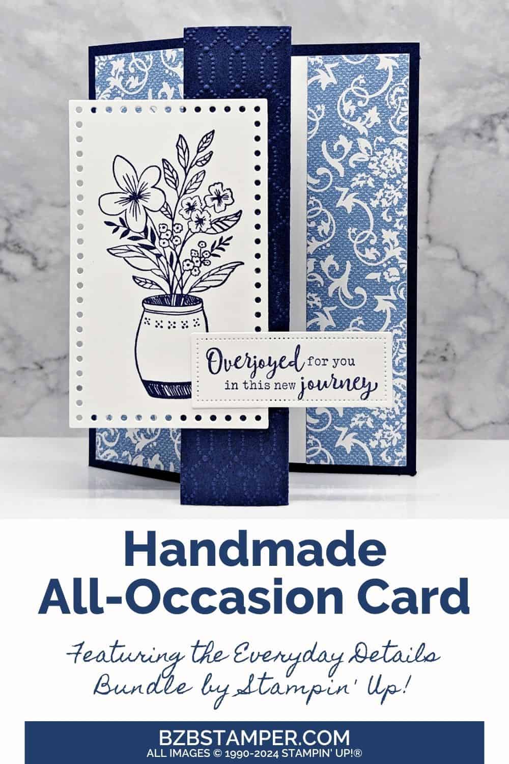 Everyday Details Fun Fold Card in a monochromatic navy blue color scheme.   The focal image is a vase with flowers and a generic all-occasion sentiment.