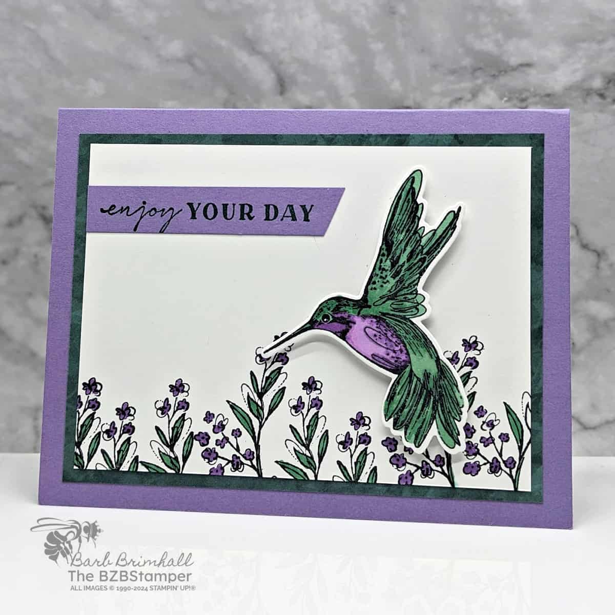 Embrace Creativity with the Thoughtful Expressions Bundle in purple and green featuring flowers and a hummingbird and an "enjoy your day" sentiment.