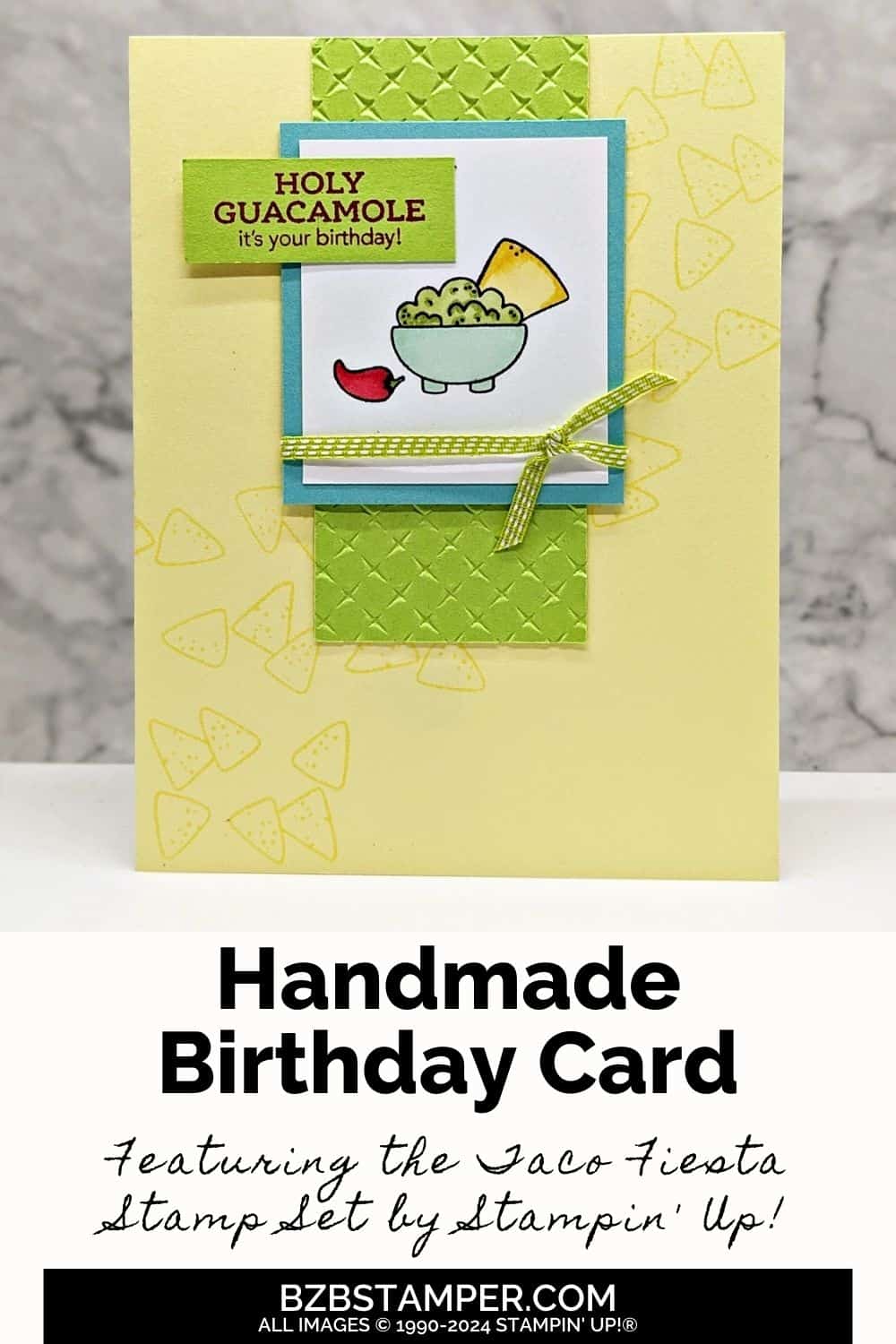 The Taco Fiesta Stamp Set in yellow, green and blue featuring a guacamole bowl with chips and a Birthday Sentiment.