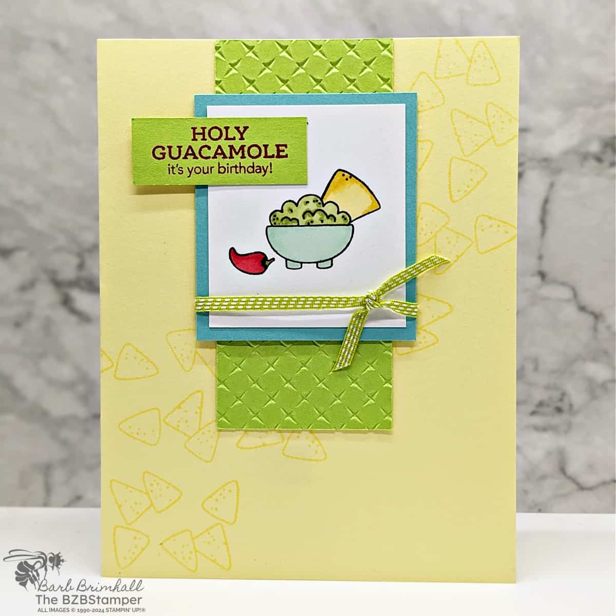 The Taco Fiesta Stamp Set in yellow, green and blue featuring a guacamole bowl with chips and a Birthday Sentiment.