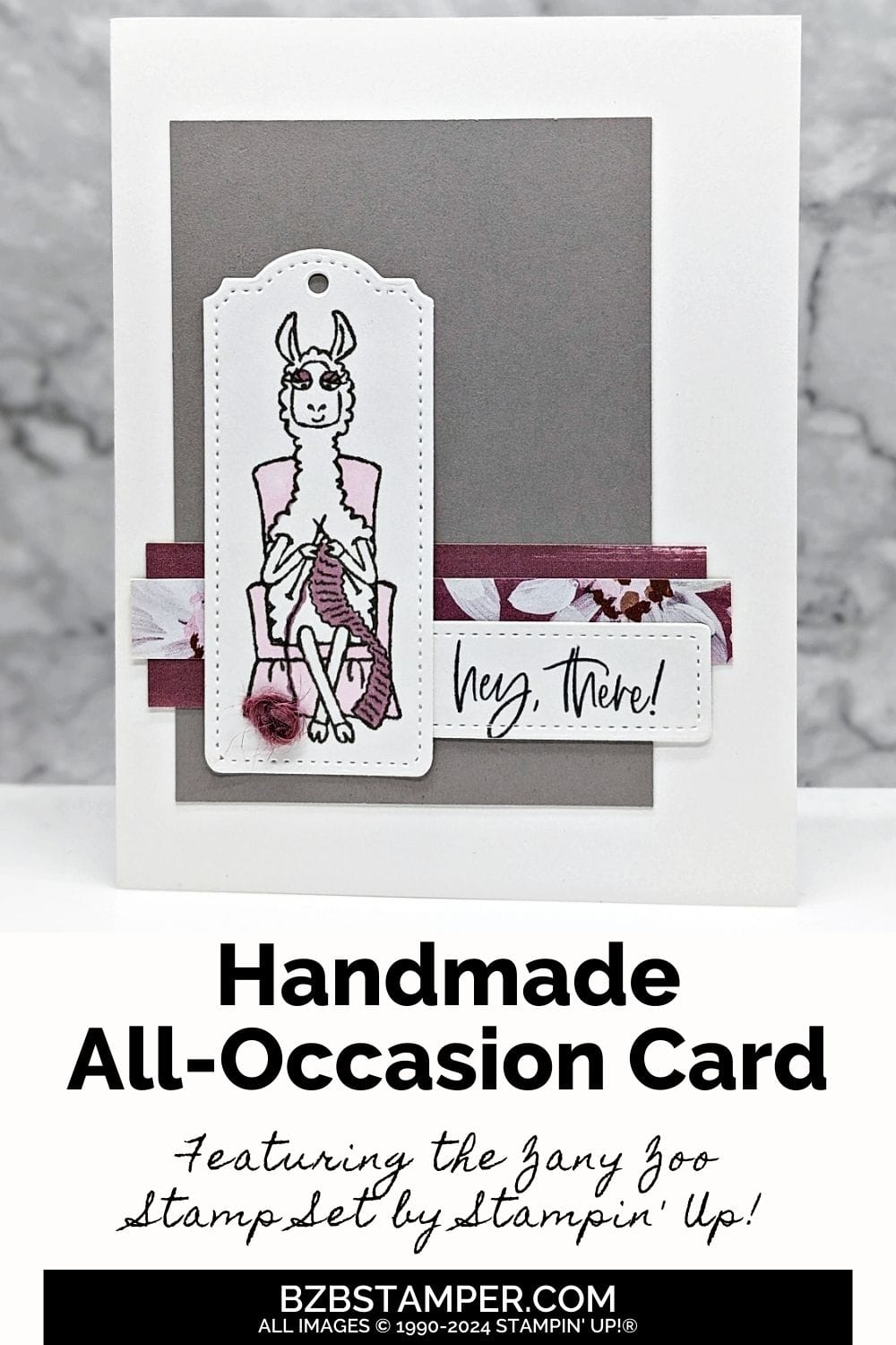 Time to Get Crafty with the Zany Zoo Stamp Set featuring a Llama knitting in grays and pinks.