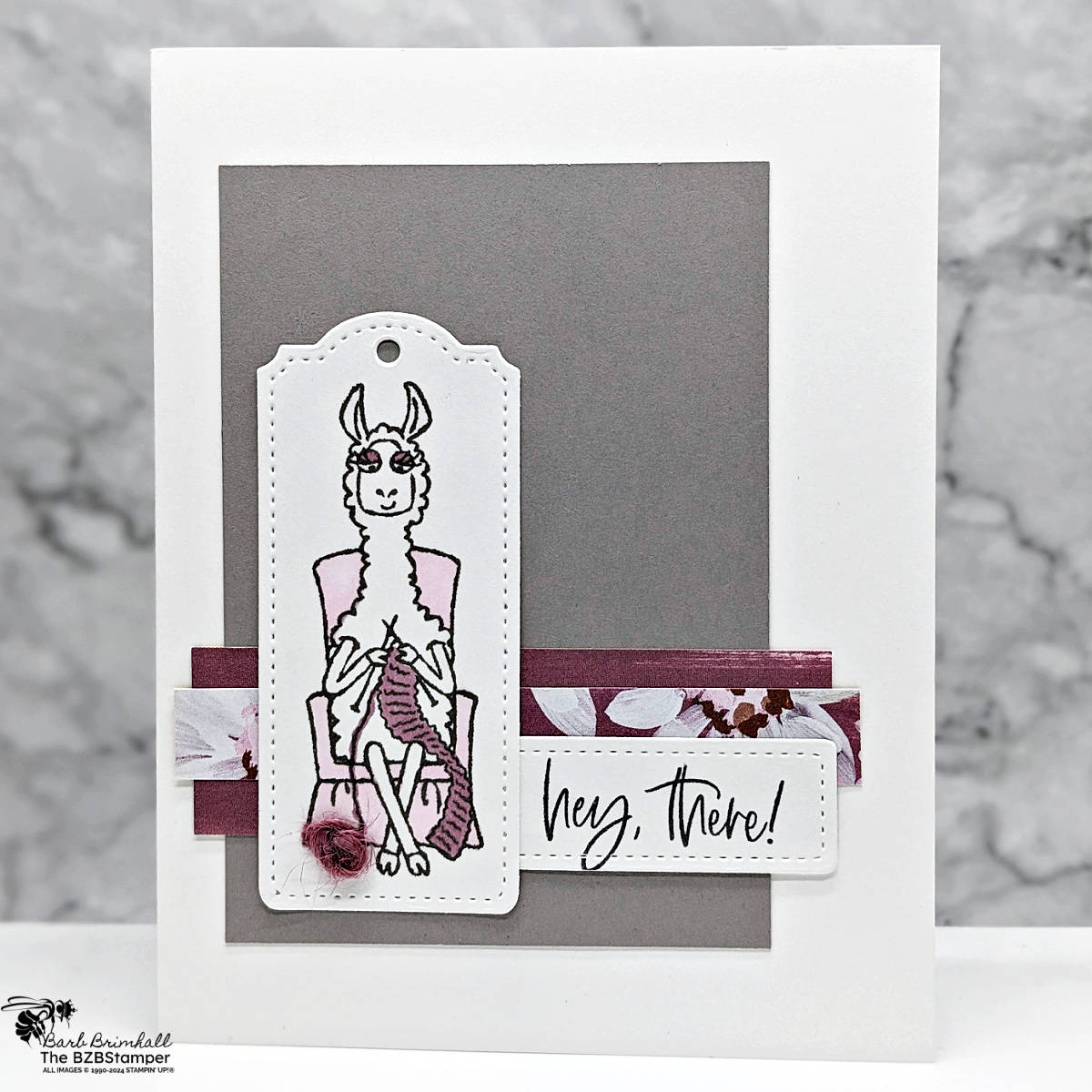 Time to Get Crafty with the Zany Zoo Stamp Set featuring a Llama knitting in grays and pinks.