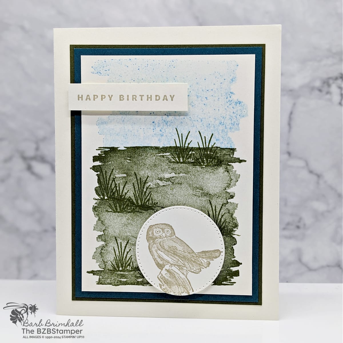 Craft with Nature Using the Wildlife Wonder Stamps featuring an owl and a beach background scene with a Happy Birthday sentiment.