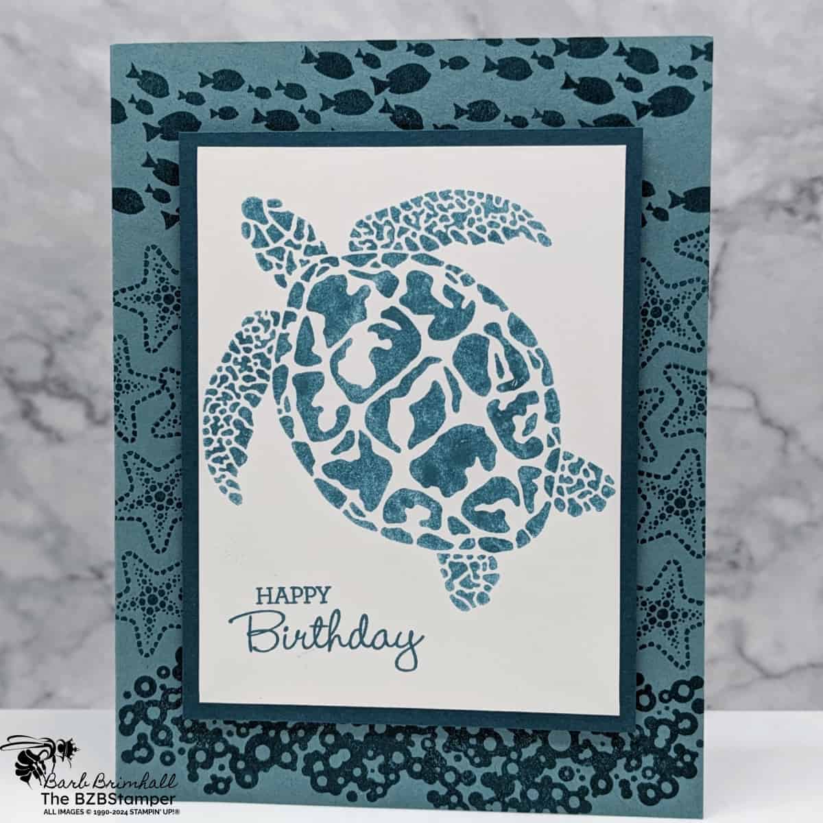 Celebrating Birthdays with the Sea Turtle Stamp Set in greens featuring starfish, fish, bubbles and a large turtle with a Happy Birthday Sentiment. 