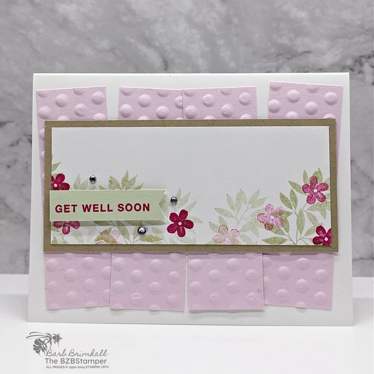 Get Well Card using the Darling Details Stamp Set  in pinks and soft green.  Embossed layer with flowers and leaves on a Kraft cardstock mat.