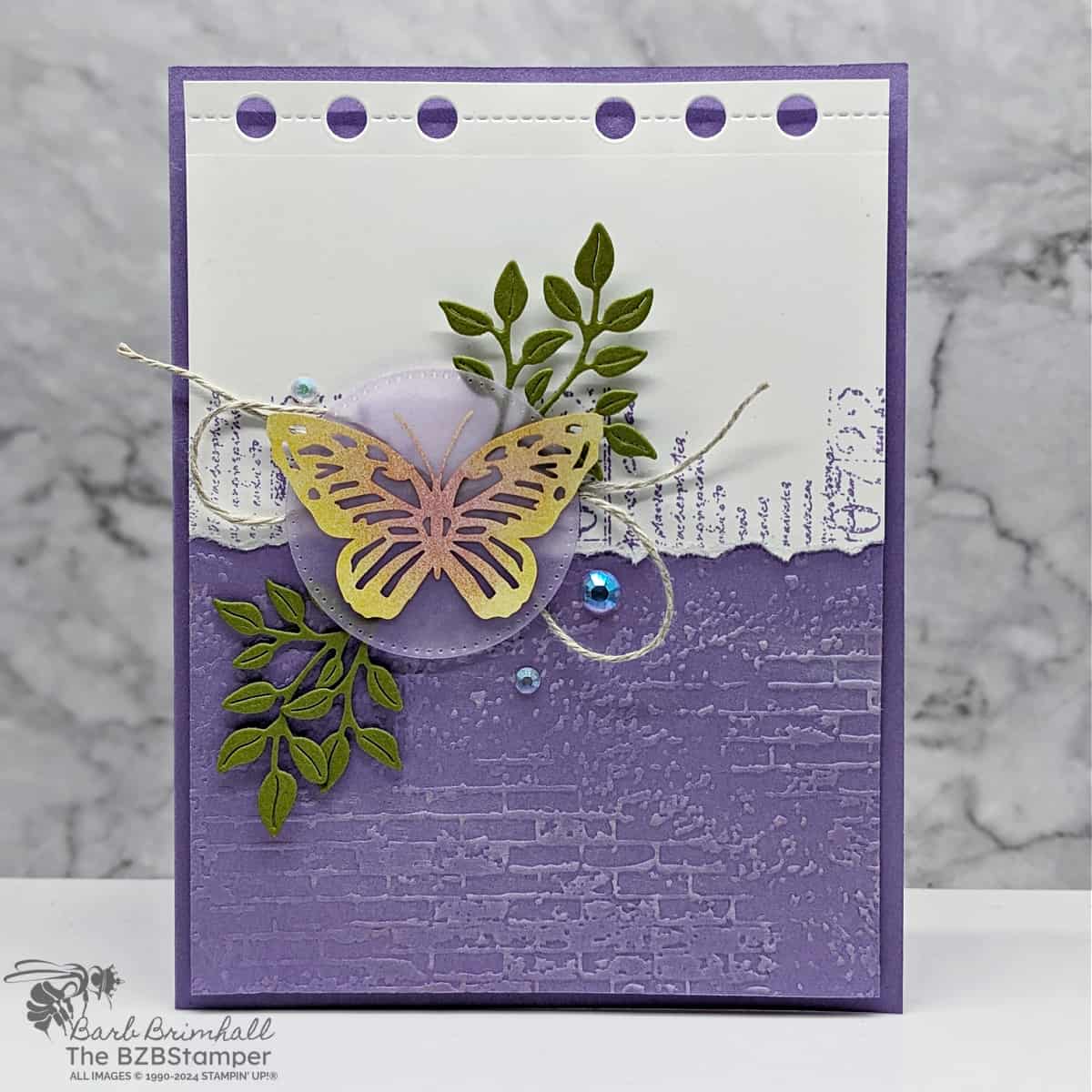 Butterfly Card with the Notes of Nature Bundle in purples, yellows and greens.  No sentiment on front of card.