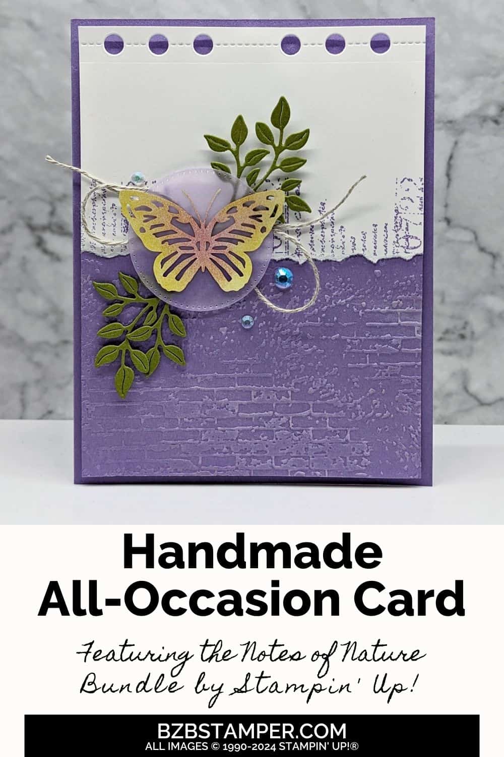 Butterfly Card with the Notes of Nature Bundle in purples, yellows and greens.  No sentiment on front of card.