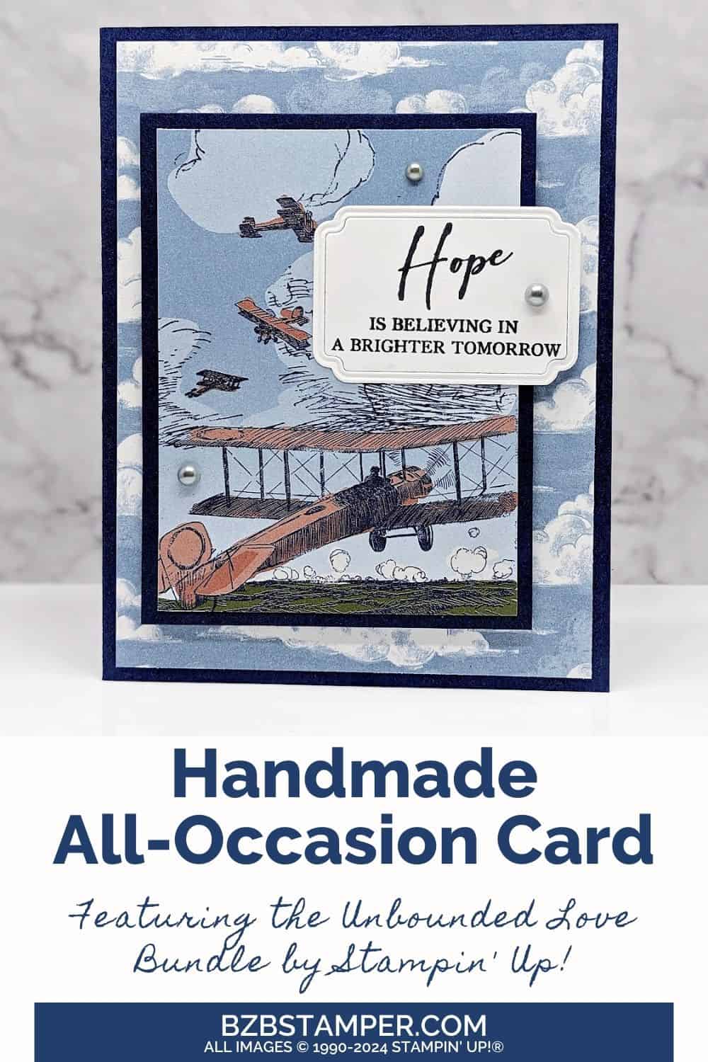 Crafting Hope: Inspirational Card Tutorial featuring old-fashioned airplane paper and sentiment that says "hope is believing in a brighter tomorrow."  Primarily in blues and browns.