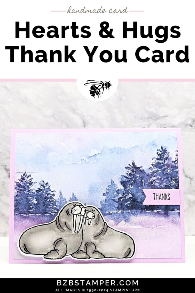 Thank You Card Using The Hearts and Hugs Bundle featuring 2 seals with a blue and purple tree background.