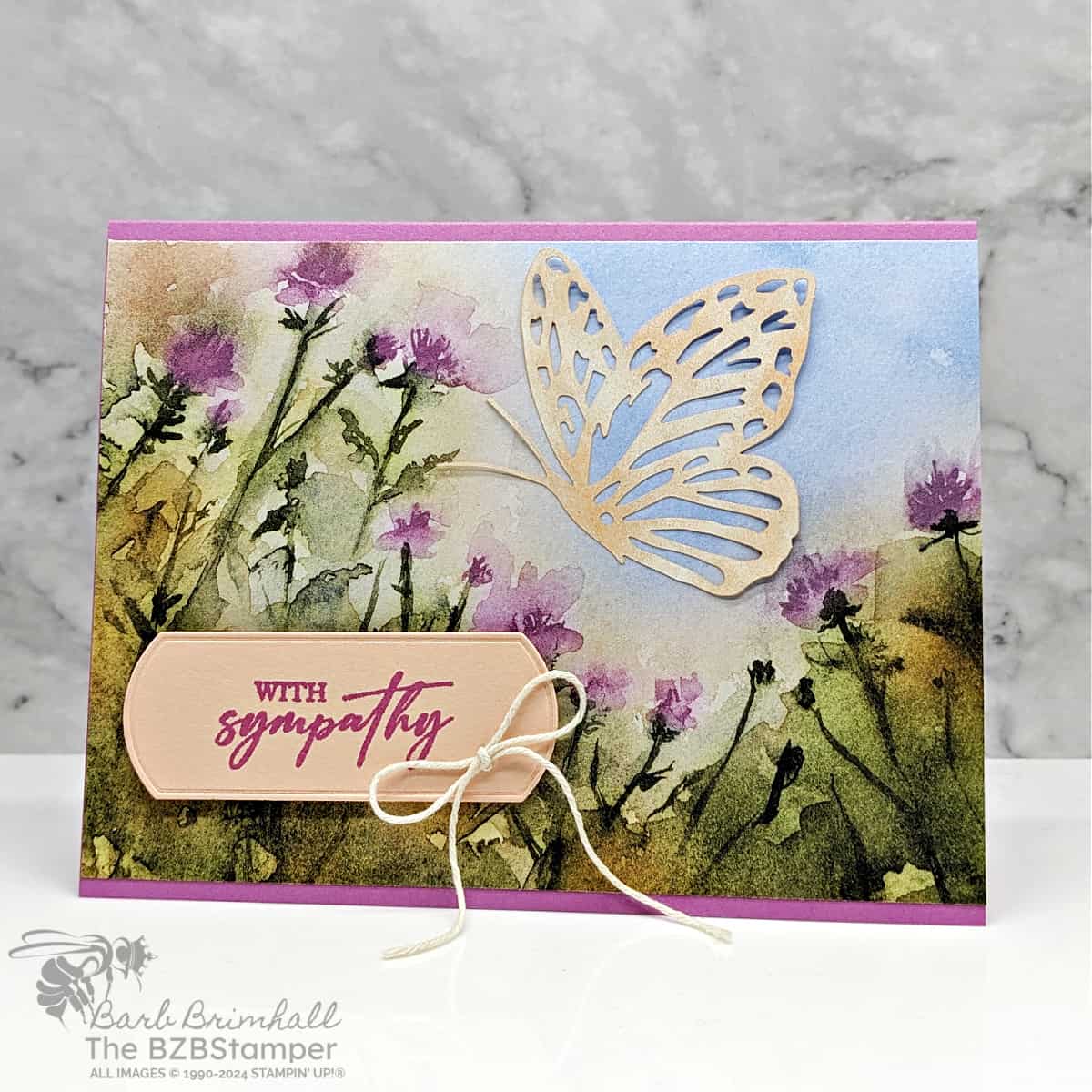 Sympathy Card using the Unbounded Love Bundle featuring a purple floral background and a die-cut butterfly