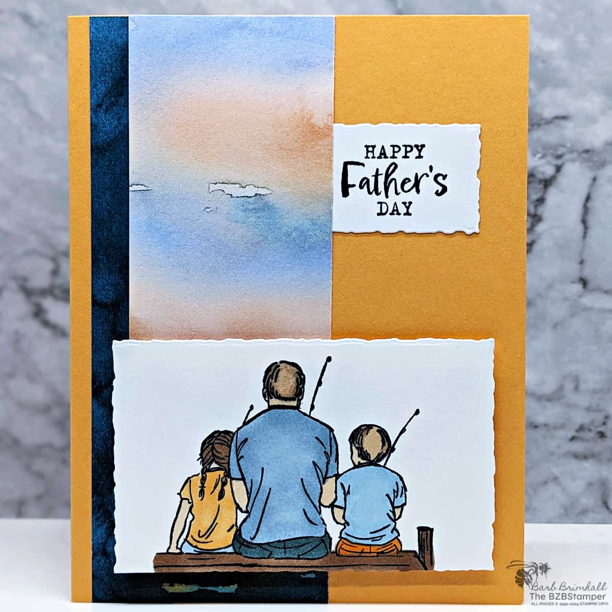 Beside Me Stamp Set by Stampin Up featuring a Happy Father's Day sentiment with a dad and 2 children fishing off a pier.