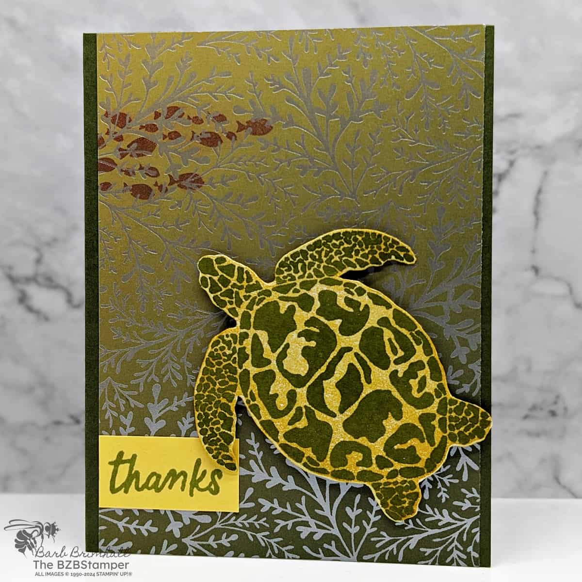 Dive into Crafting with the Sea Turtle Stamp Set in greens and browns, featuring a large turtle and school of fish with "thanks" sentiment.