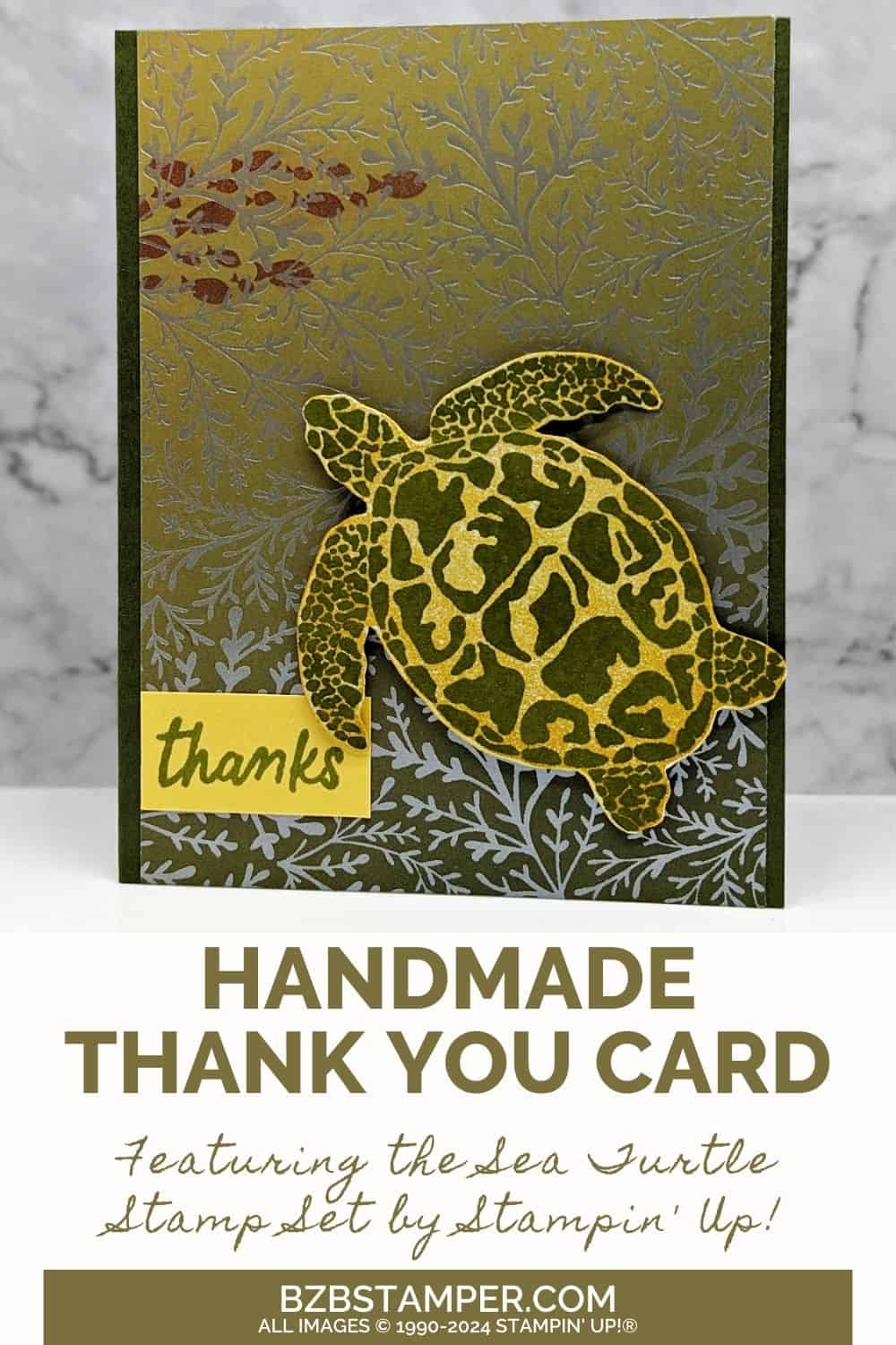 Dive into Crafting with the Sea Turtle Stamp Set in greens and browns, featuring a large turtle and school of fish with "thanks" sentiment.