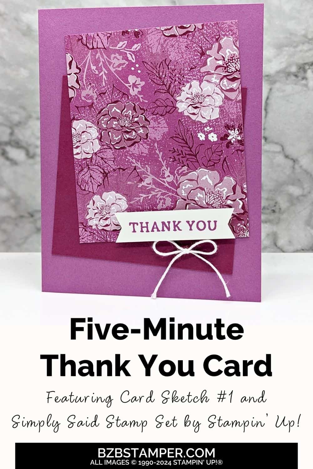 5 Minute Thank You Card Using Card Sketch 1 featuring pretty floral paper in different shades of purple.