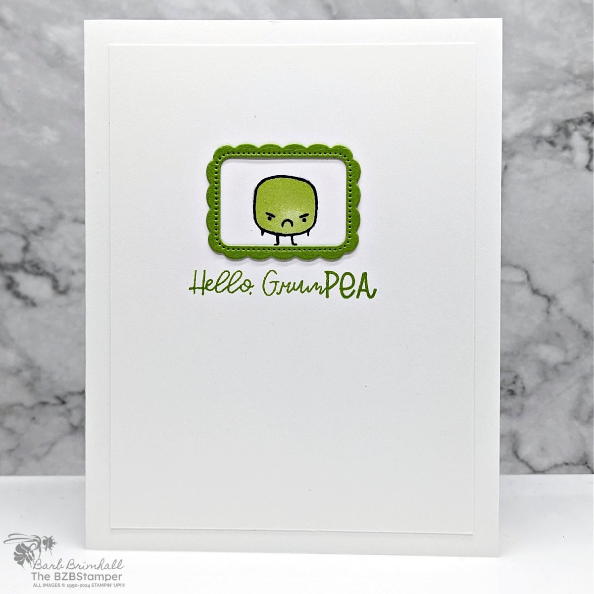 Sarcastic and fun Cards with the Sweet Peas Stamp Set featuring a pea with a frown and a "hello grumPEA" sentiment.