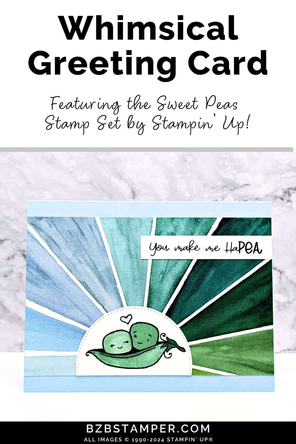 Crafting Joy with the Sweet Peas Stamp Set by Stampin' Up in blues and greens.  Two peas in a pod cute image with a "you make me haPEA" sentiment.