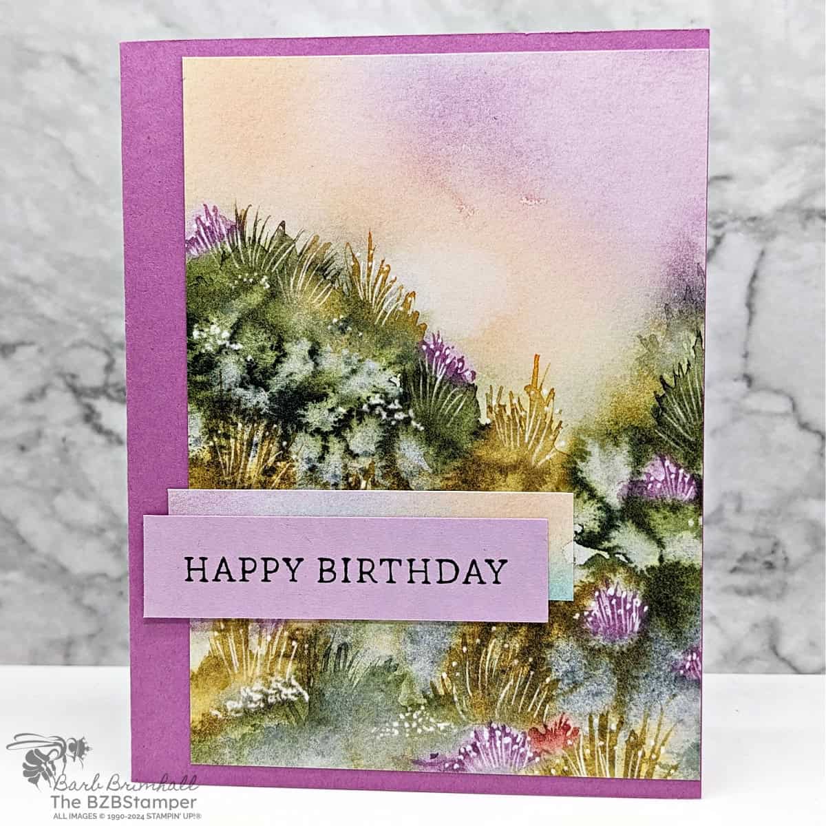 5 Minute Birthday Card Using Card Sketch 4 with nature background paper and a Happy Birthday sentiment.