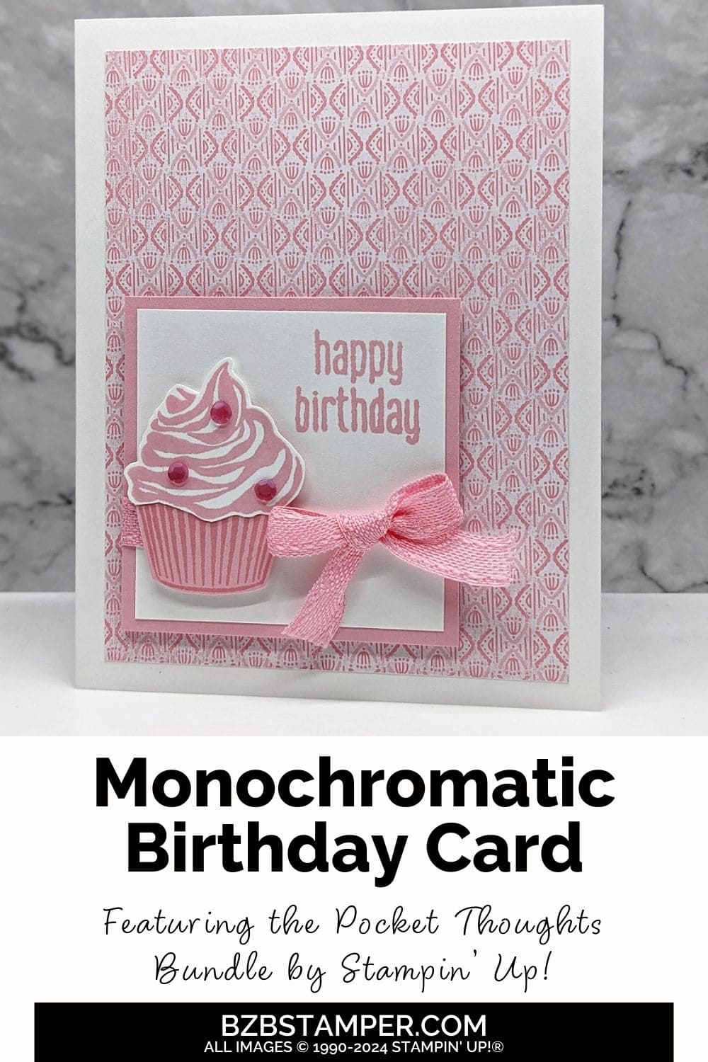 The Pocket Thoughts Birthday Card features a pink cupcake, pink embellishments, happy birthday sentiment, and pink ribbon.