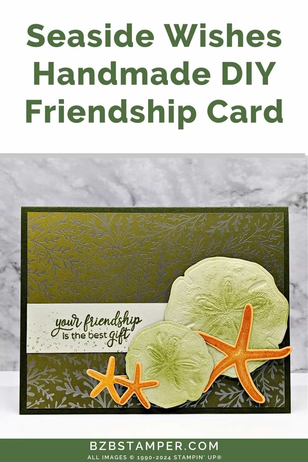Handmade Seaside Wishes Friendship Card featuring seashells and starfish with pretty paper background.  Sentimet is "your friendship is the best gift."