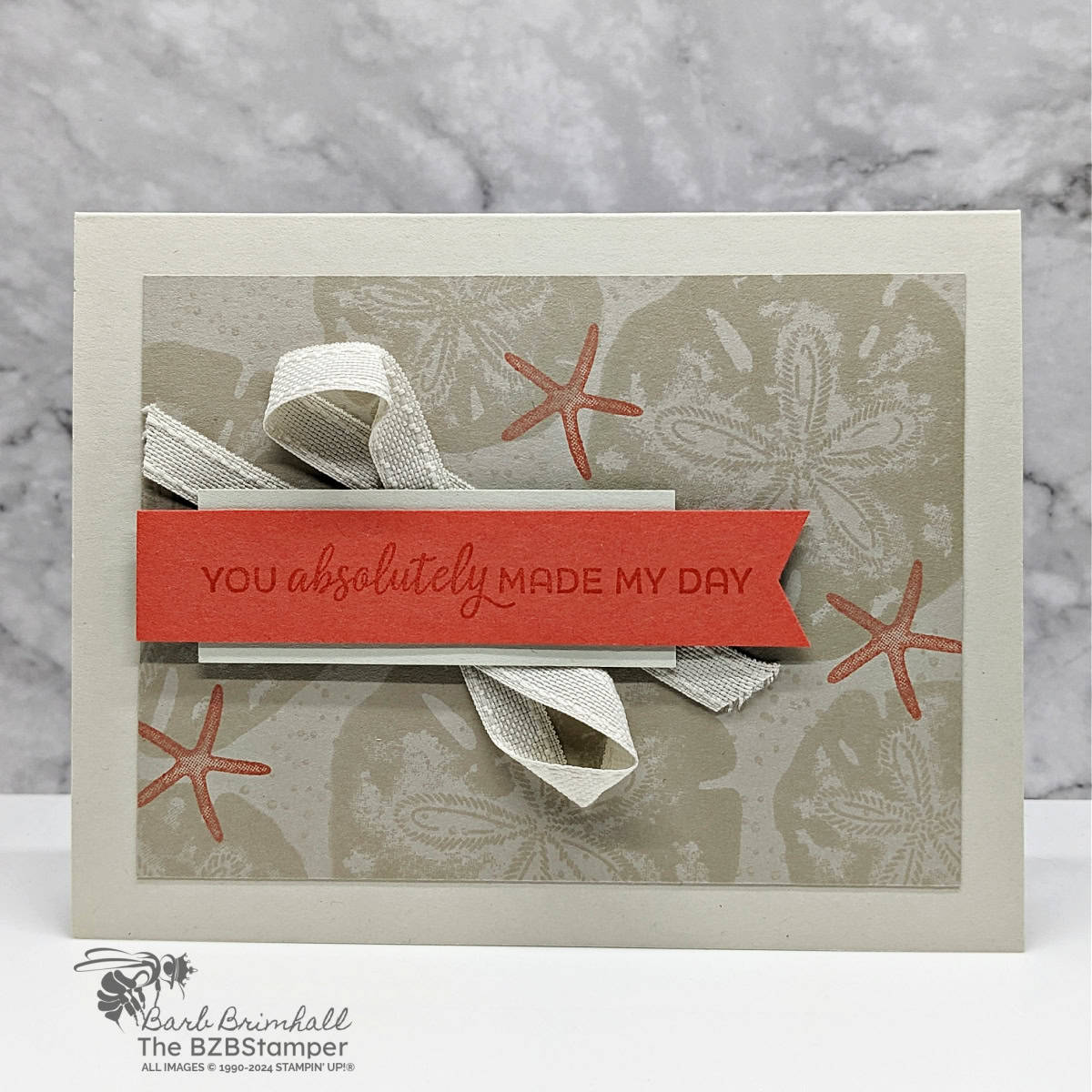 Handmade Seaside Wishes Thank You Card featuring starfish and sand dollar images in beige and coral.