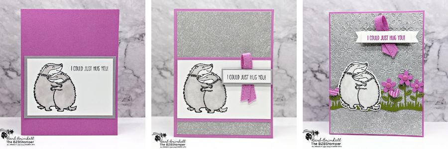 Step It Up Stamping with the Hearts and Hugs Bundle featuring 3 cards with 2 skunks hugging in purple and gray.