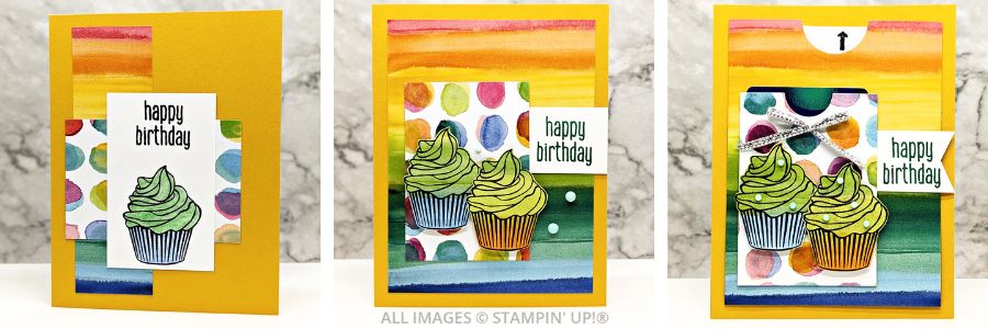 3 Cards using the Pocket Thoughts Bundle by Stampin' Up! featuring 3 different card designs perfect for the beginner stamper to the stamping expert.  The cards are in bright colors featuring a Happy Birthday sentiment and the Queen Bee card is a gift card holder.
