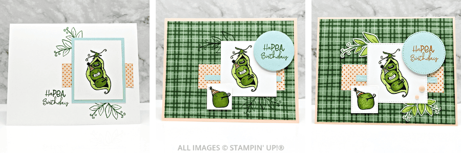 Step It Up Stamping with Sweet Peas Stamp Set in peaches and greens, featuring a plaid background paper and a sentiment "HaPEA Birthday!"