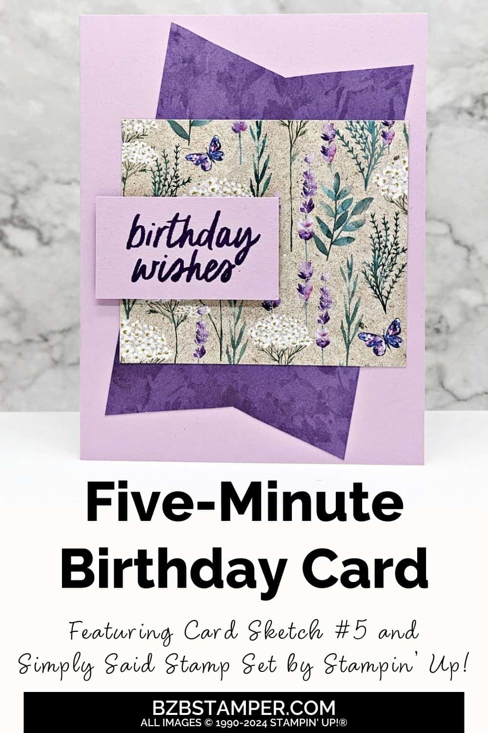 5 Minute Happy Birthday Card Using Card Sketch 5 in purples with floral paper.