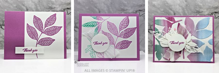 3 Cards using the Changing Leaves Bundle in purples, and greens with a Thank You Sentiment