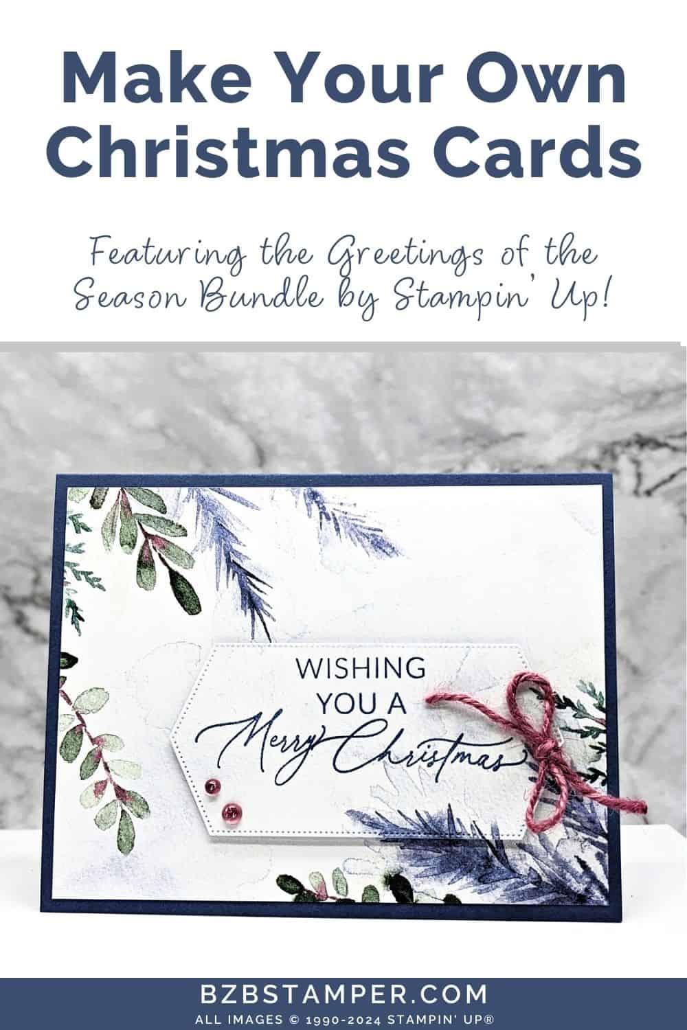 Simple Greetings of the Seasons Christmas Card in blues and mauves, with leaves as a "Wishing You A Merry Christmas" sentiment.