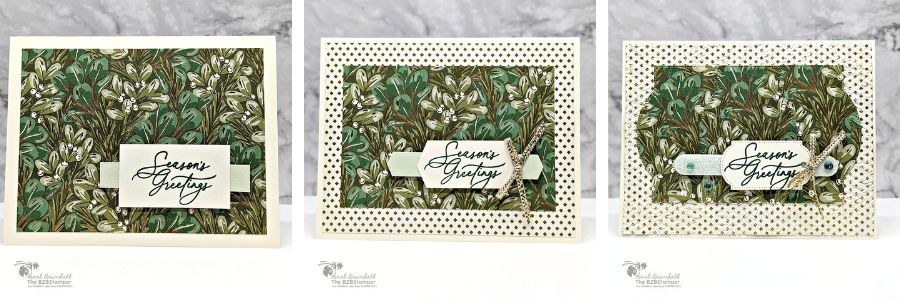 3 Cards using the Greetings Of The Season Bundle in greens and golds, with pretty metallic papers and a "Seasons Greetings" sentiment.