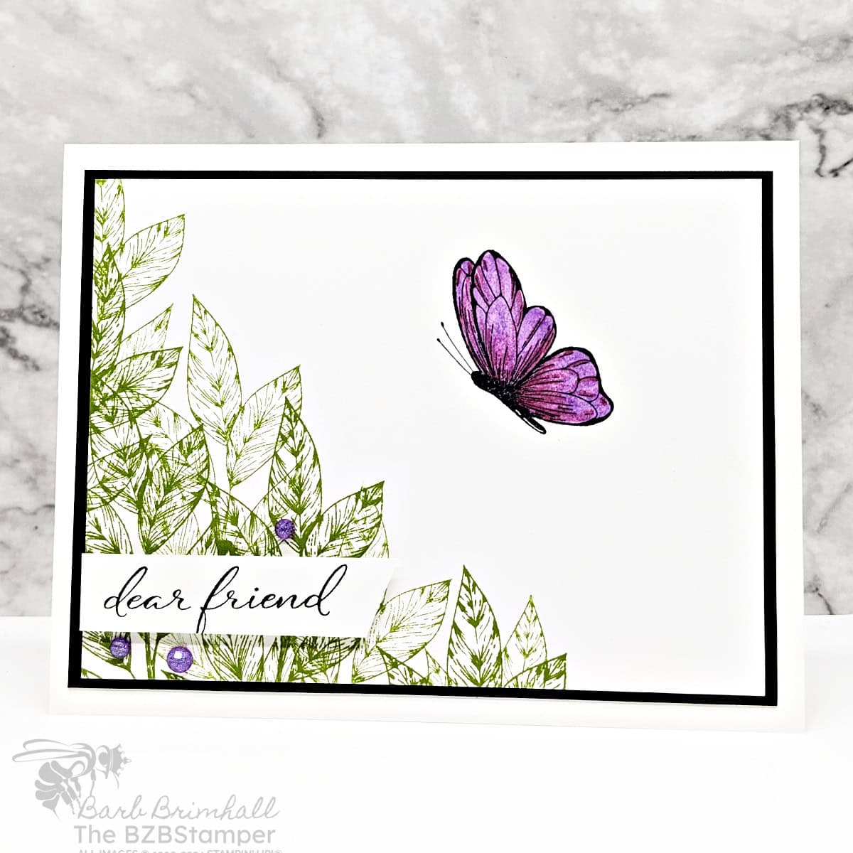 Cherish Friendships with Spotlight on Nature Stamp Set featuring green leaves, a purple butterfly and some pretty purple gems, with a "dear friend" sentiment.