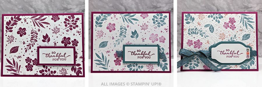 3 Cards using the Botanical Beauty Stamp Set in pinks and greens with a "so thankful for you" sentiment.