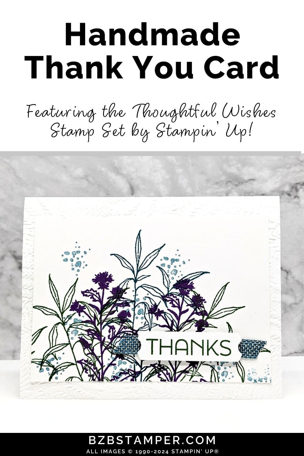 Thoughtful Wishes Thank You Card featuring flowers and leaves in dark blue and purple, with an embossed leaf background and a "thanks" sentiment.