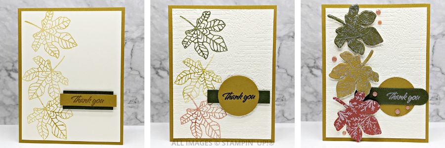 3 Cards using the Changing Leaves Stamp Set in greens, golds and other fall colors, and a Thank You sentiment.