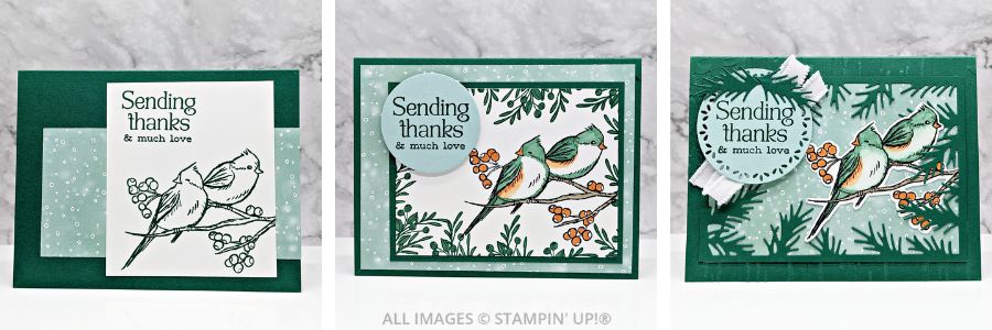 3 Cards using the Wintery Tree Tops Bundle in greens and blues paper with birds and a "sending thanks" sentiment.