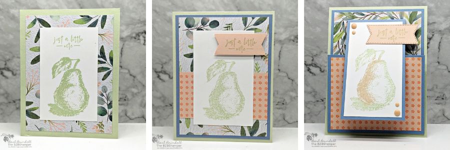 3 Cards using the Penciled Pear Stamp Set in greens and pinks with a single pear images and pretty floral and polka dot paper.  Sentiment is "just a little note"