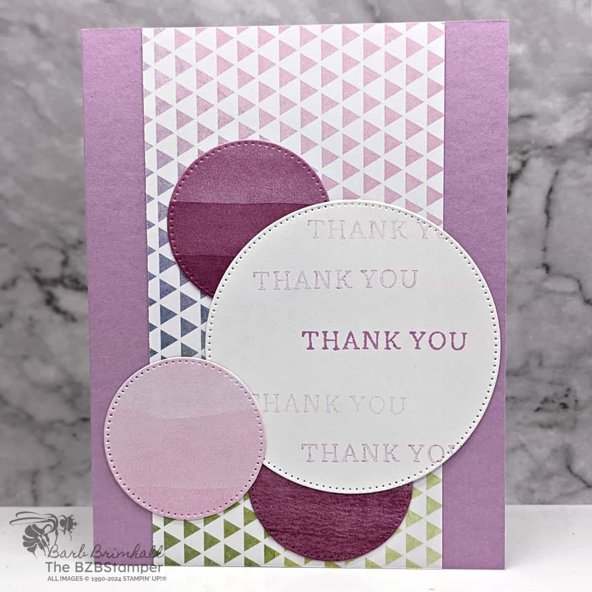 5 Minute Thank You Card Using Card Sketch 12 in purples with circles in various sizes and pretty paper.
