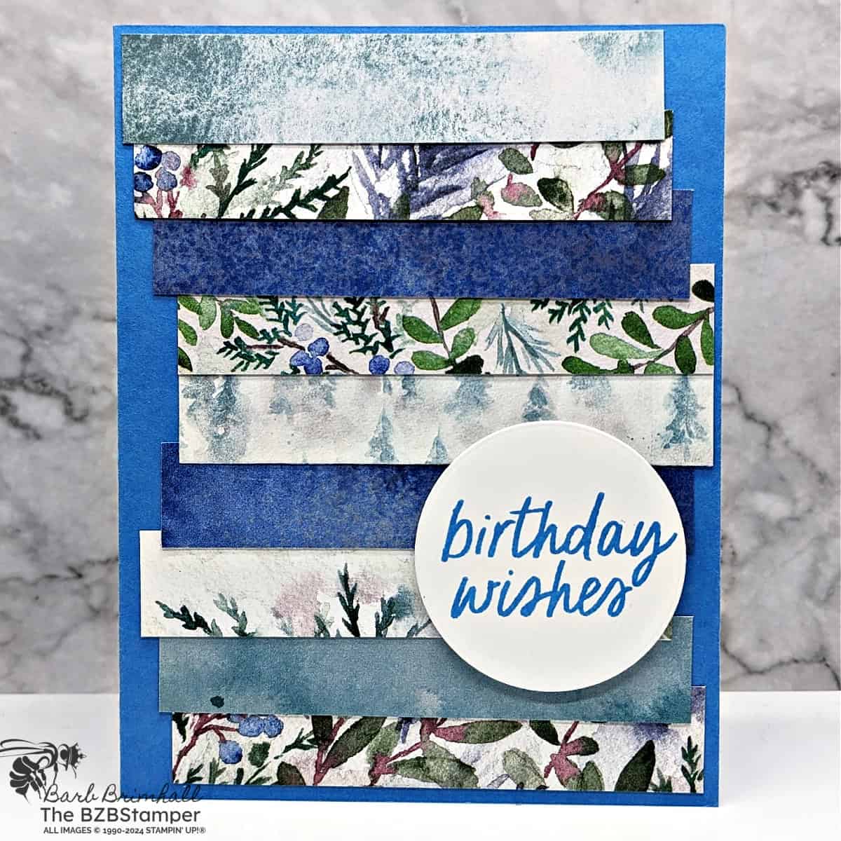 5 Minute Happy Birthday Card Using Card Sketch 9 in blues and greens with pretty background paper.