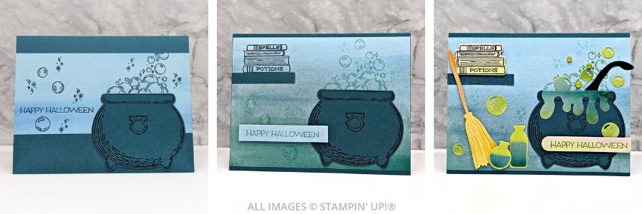 Potions and Spells Bundle featuring 3 cards in blues and greens that have a bubbling cauldron and a "happy halloween" sentiment.