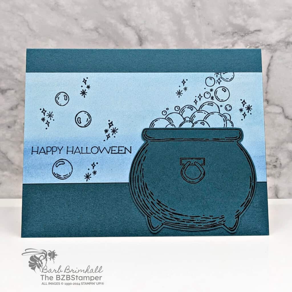 Potions and Spells Bundle featuring 3 cards in blues and greens that have a bubbling cauldron and a "happy halloween" sentiment.