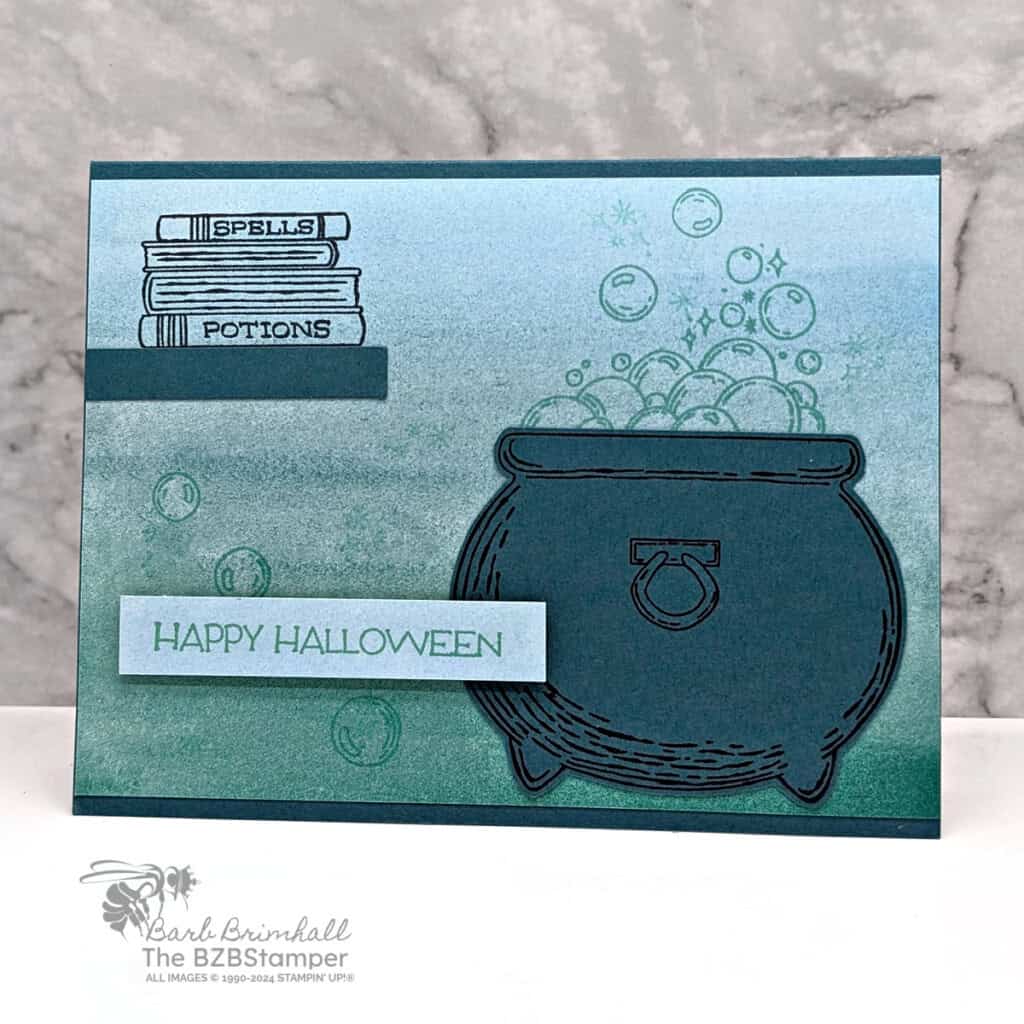 Potions and Spells Bundle featuring 3 cards in blues and greens that have a bubbling cauldron and a "happy halloween" sentiment.