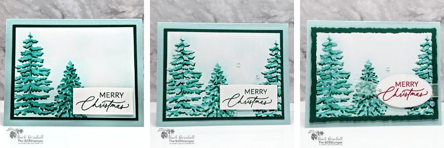 3 Cards Using the Frosted Forest Decorative Masks featured trees in different shades of blue and green, with a "Merry Christmas" sentiment.