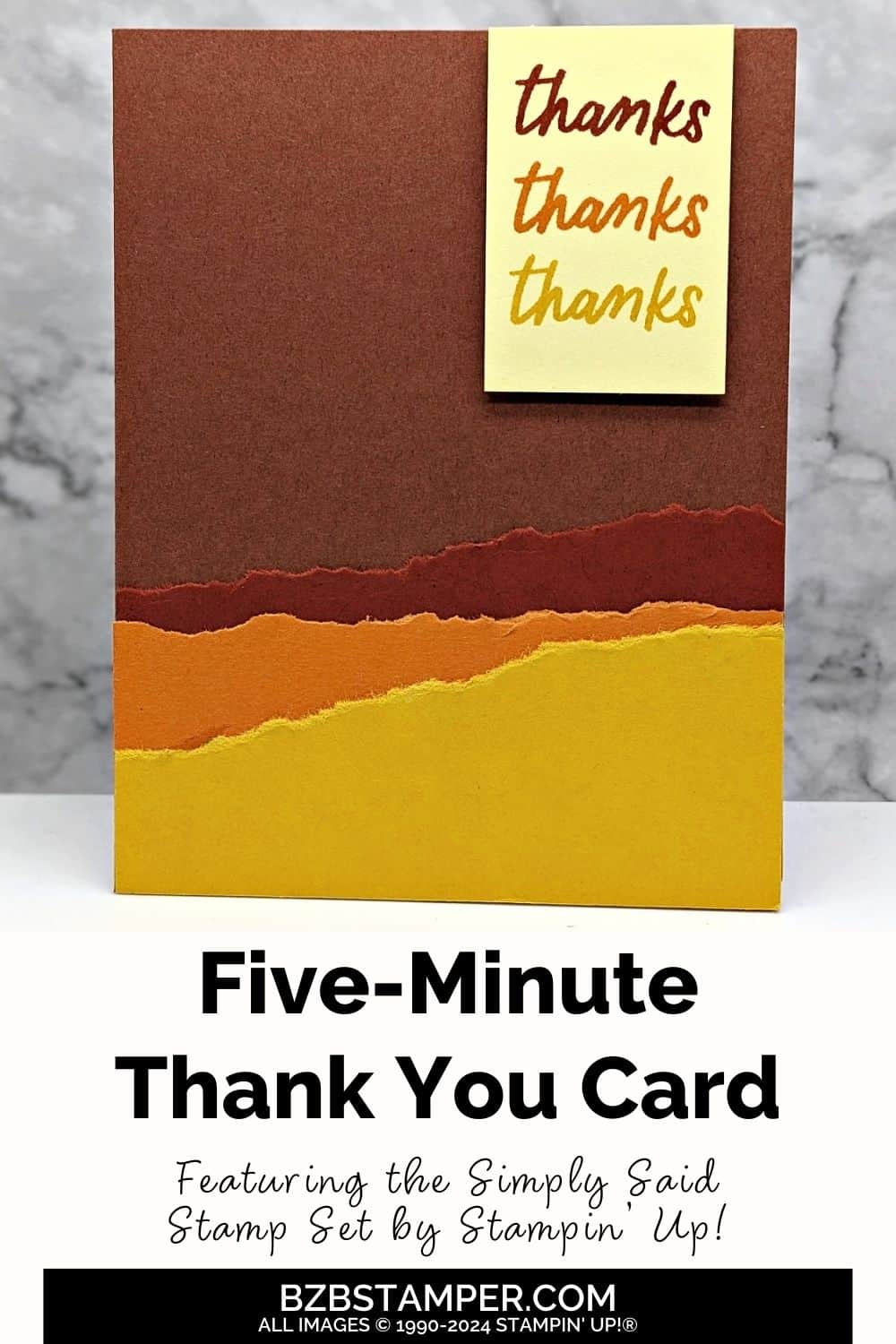 5 Minute Thank You Card Using Card Sketch #13 in autumn colors of brown, orange, yellow with a "thanks" sentiment.