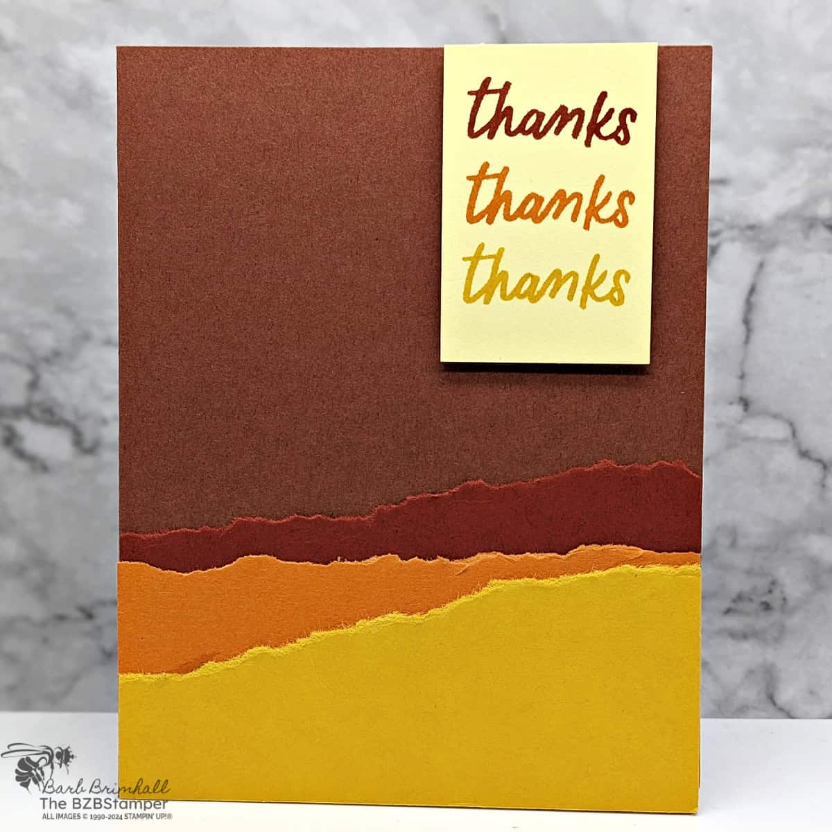 5 Minute Thank You Card Using Card Sketch #13 in autumn colors of brown, orange, yellow with a "thanks" sentiment.