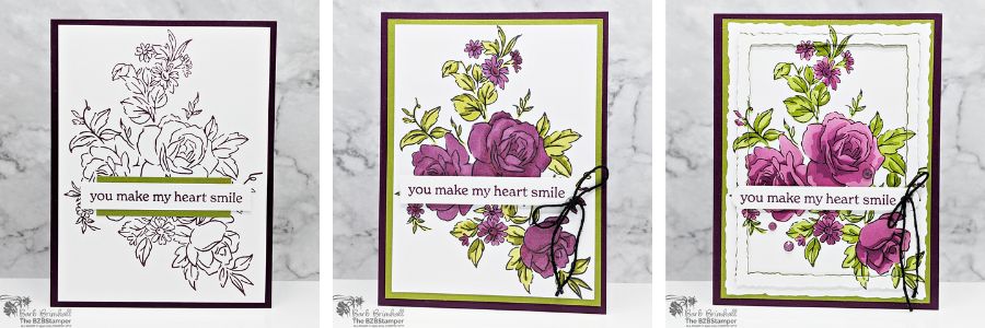 3 Cards using the Layers of Beauty Bundle featuring roses in purples and greens with a "you make me smile sentiment.