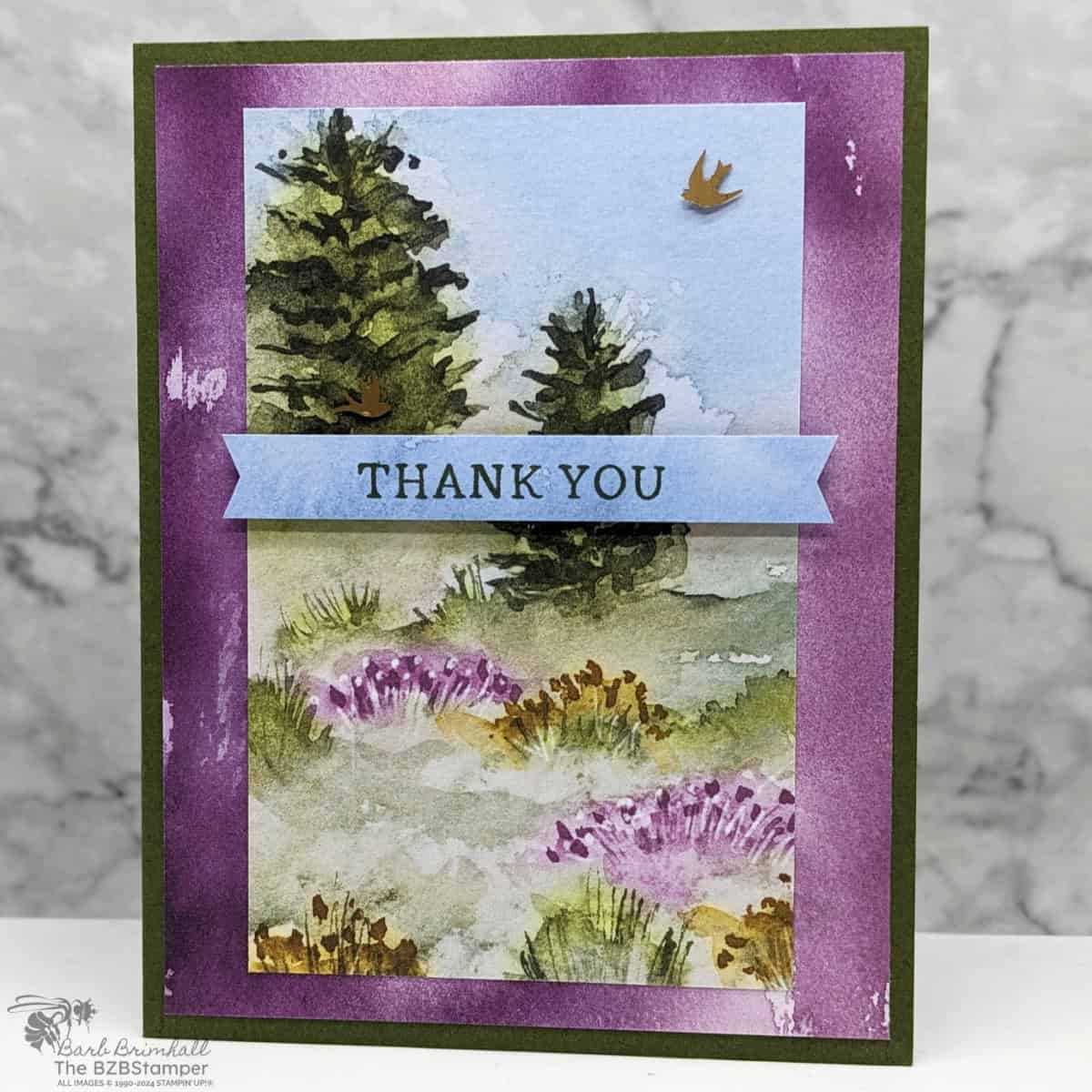 5 Minute Thank You Card using Card Sketch 14 in dark green, purple and blue, with trees, flowers and 2 bird embellishments.