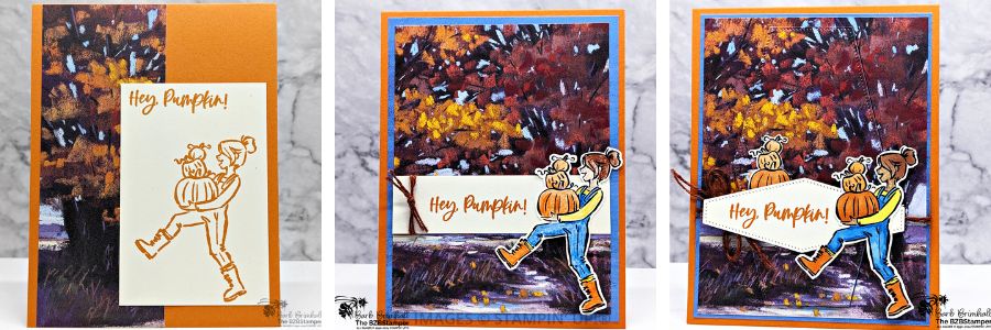 3 Cards Using the Warms My Heart Stamp Set featuring a "hey pumpkin!' sentiment, a girl in jeans carrying 3 pumpkins, and some beautiful fall background paper. 